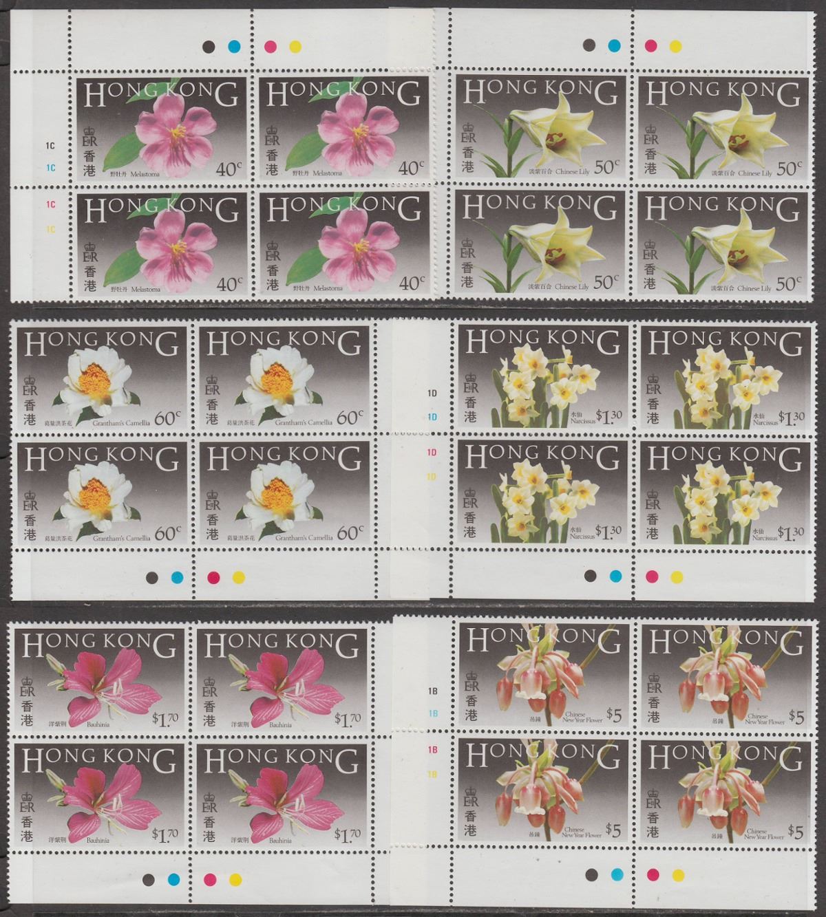 Hong Kong 1985 QEII Native Flowers Plate No Block Set Mint SG497-502 cat £50