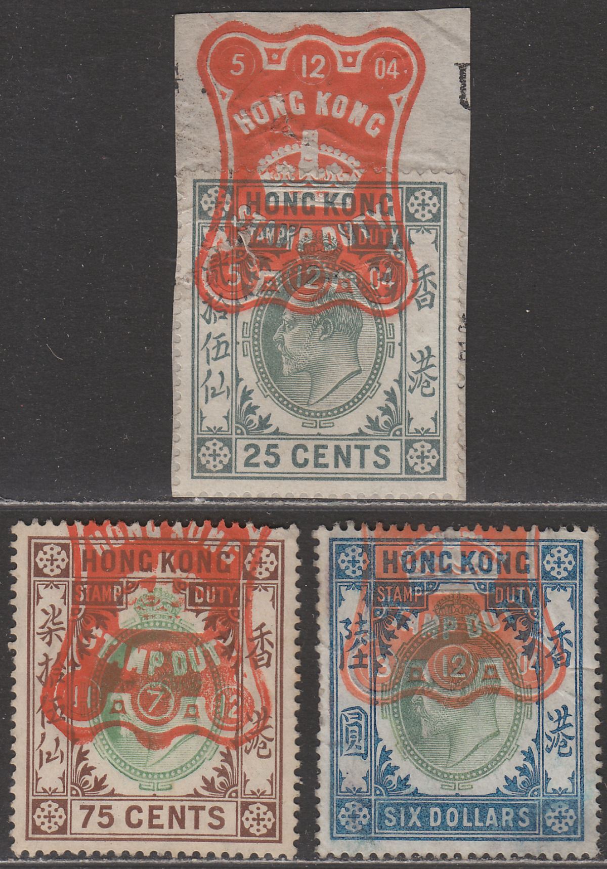 Hong Kong 1903-07 KEVII Revenue Stamp Duty 25c, 75c, $6 Used with faults