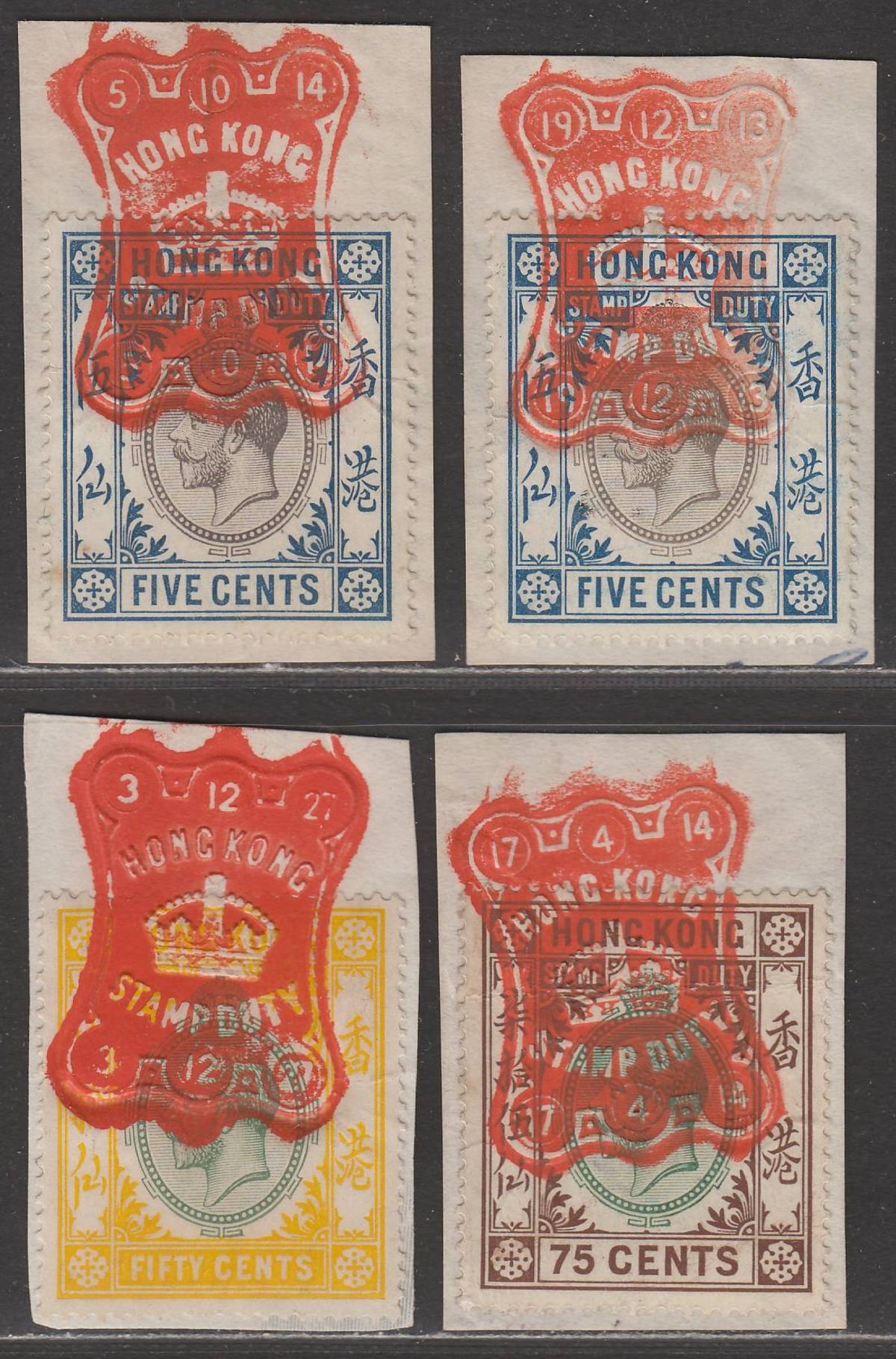 Hong Kong 1912-21 KGV Stamp Duty Revenue Selection to 75c Used on Pieces