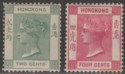 Click for more photos and details Hong Kong 1900-01 QV 2c Dull Green, 4c Carmine Mint SG56-57 cat £49 faults