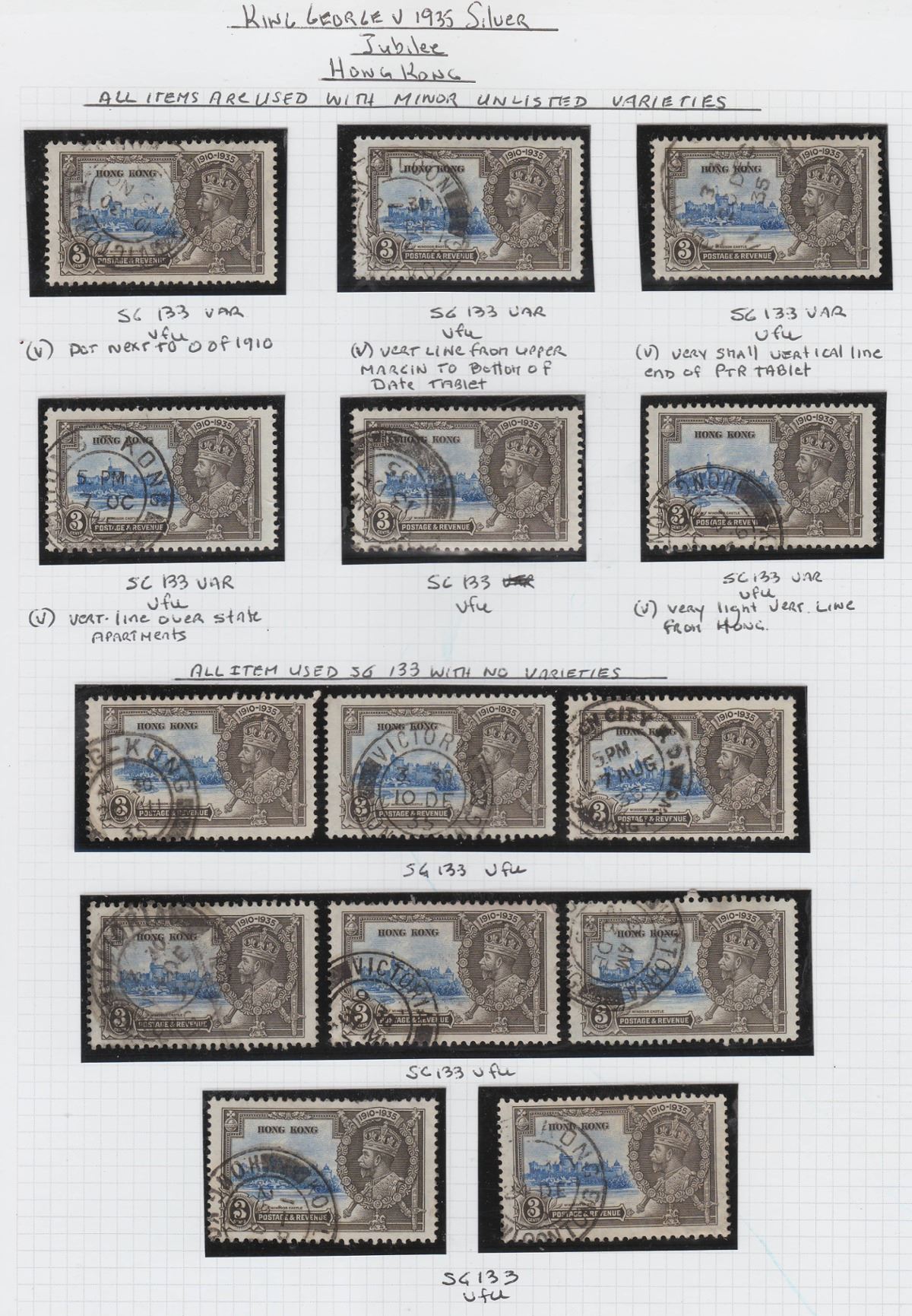 Hong Kong 1935 KGV Silver Jubilee 3c Selection with Minor Varieties Used SG133