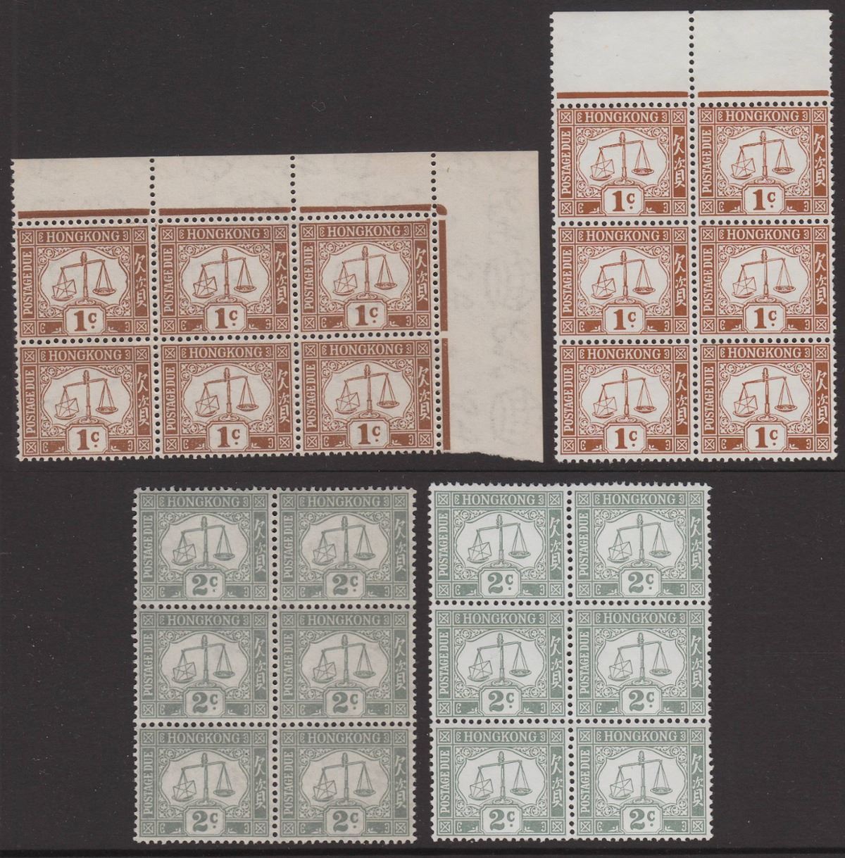 Hong Kong 1931-56 KGV Postage Due 1c Brown, 2c Grey Blocks of 6 UM Mint