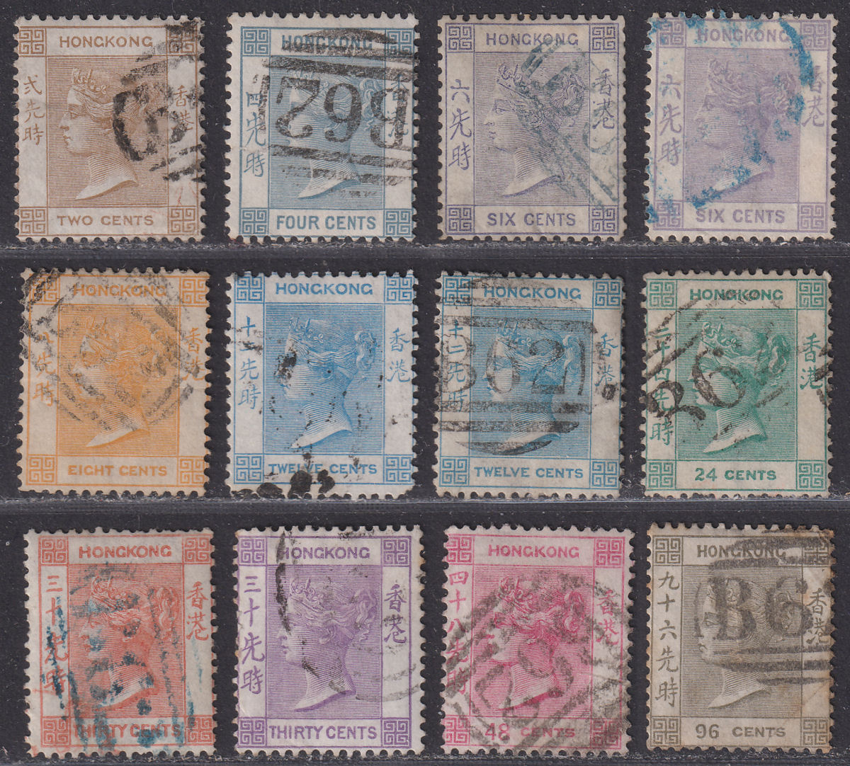 Hong Kong 1863-71 QV wmk Crown CC Selection to 96c Used mixed
