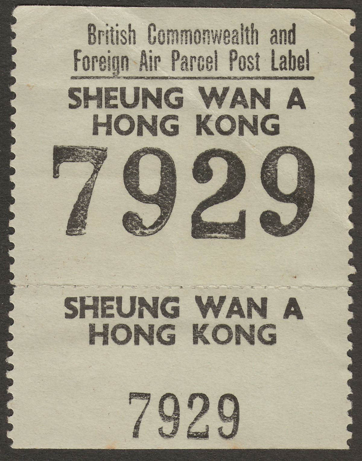 Hong Kong British Commonwealth Foreign Air Parcel Post Label SHUENG WAN A