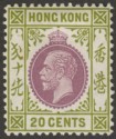 Click for more photos and details Hong Kong 1921 KGV 20c Purple and Sage-Green Mint SG125