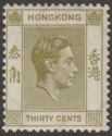 Hong Kong 1939 KGVI 30c Pale Yellow-Olive p14 Mint SG151