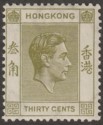 Click for more photos and details Hong Kong 1939 KGVI 30c Pale Yellow-Olive p14 Mint SG151