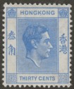 Click for more photos and details Hong Kong 1950 KGVI 30c Bright Blue Mint SG152