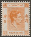 Click for more photos and details Hong Kong 1945 KGVI 4c Orange p14½x14 Mint SG142a