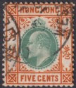 Hong Kong 1910 KEVII 5c Green + Orange Chalky Used SG79a WESTERN BRANCH Postmark