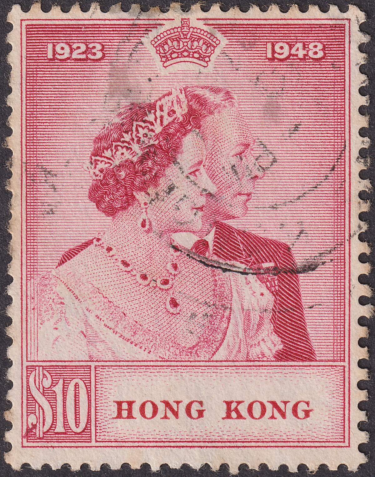 Hong Kong 1948 KGVI Royal Silver Wedding $10 Carmine Used SG172 cat £130