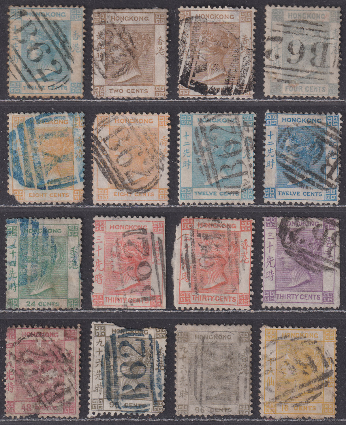 Hong Kong 1863-71 QV wmk Crown CC Selection to 96c Used - FAULTY