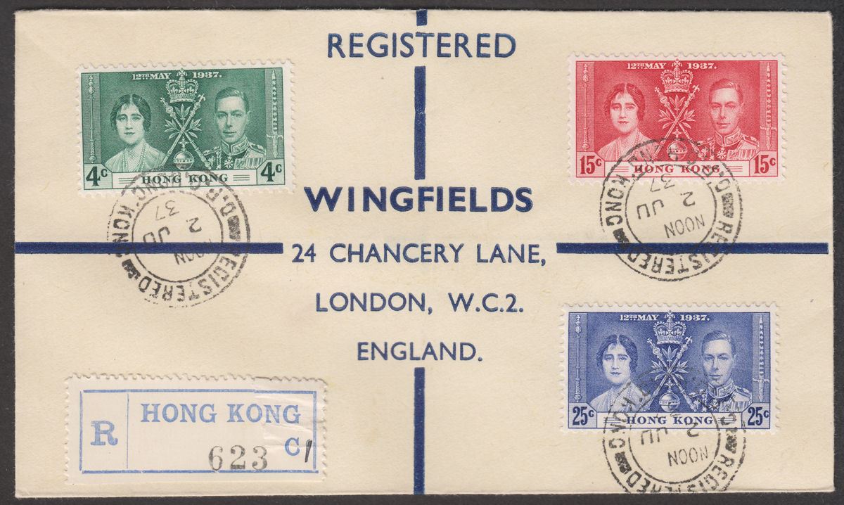 Hong Kong 1937 KGVI Coronation Registered First Day Cover Used to UK Wingfords