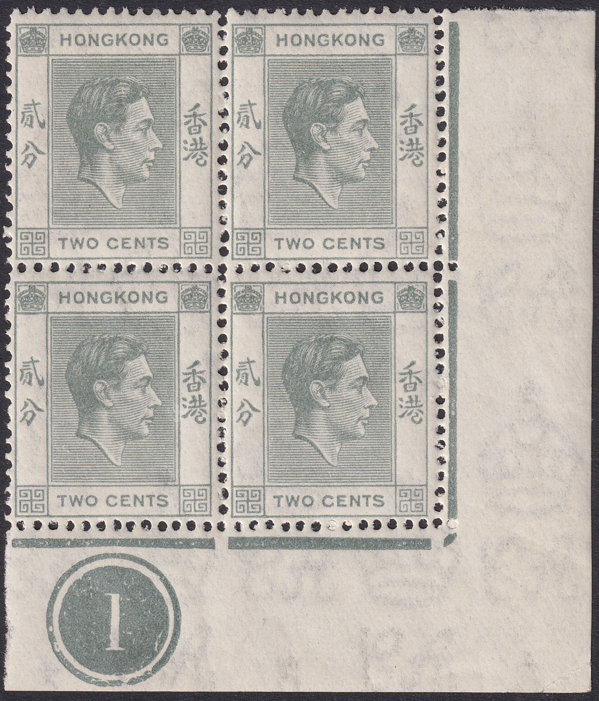 Hong Kong 1938 KGVI 2c Grey Plate 1 Corner Block of 4 Mint SG141