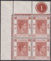Click for more photos and details Hong Kong 1941 KGVI 8c Deep Red-Brown Plate 1 Corner Block of 4 Mint SG144