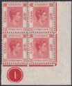 Click for more photos and details Hong Kong 1938 KGVI 15c Scarlet Plate 1 Corner Block of 4 Mint SG146