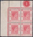 Click for more photos and details Hong Kong 1951 KGVI 20c Rose-Red Plate 1 Corner Block of 4 Mint SG148a cat £112