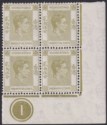 Click for more photos and details Hong Kong 1938 KGVI 25c Pale Yellow-Olive Plate 1 Corner Block of 4 Mint SG150