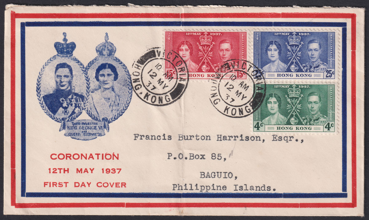 Hong Kong 1937 KGVI Coronation First Day Cover to Baguio, Philippines