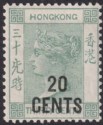 Hong Kong 1891 QV 20c on 30c Gr-Green without Chinese Character Mint SG45 c£120