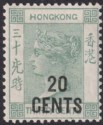 Click for more photos and details Hong Kong 1891 QV 20c on 30c Gr-Green without Chinese Character Mint SG45 c£120