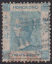 Click for more photos and details Hong Kong 1865 QV 12c Pale Greenish Blue Used SG12 with 62B + red London Marks