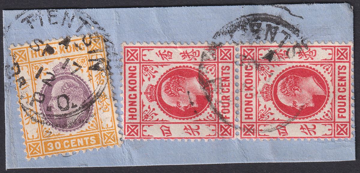 Hong Kong 1912 KEVII 30c + 4c Pair Used Piece TIENTSIN code A Postmark SG Z1021