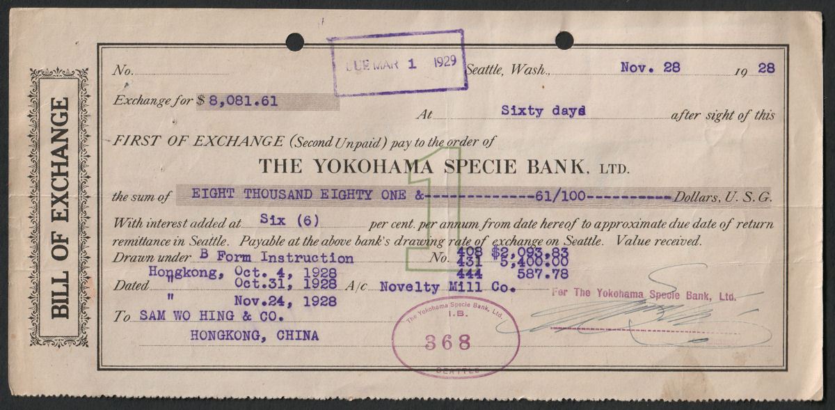 Hong Kong 1928 KGV Revenue BofE $1 x3 + 20c Used Yokohama Bank Bill of Exchange