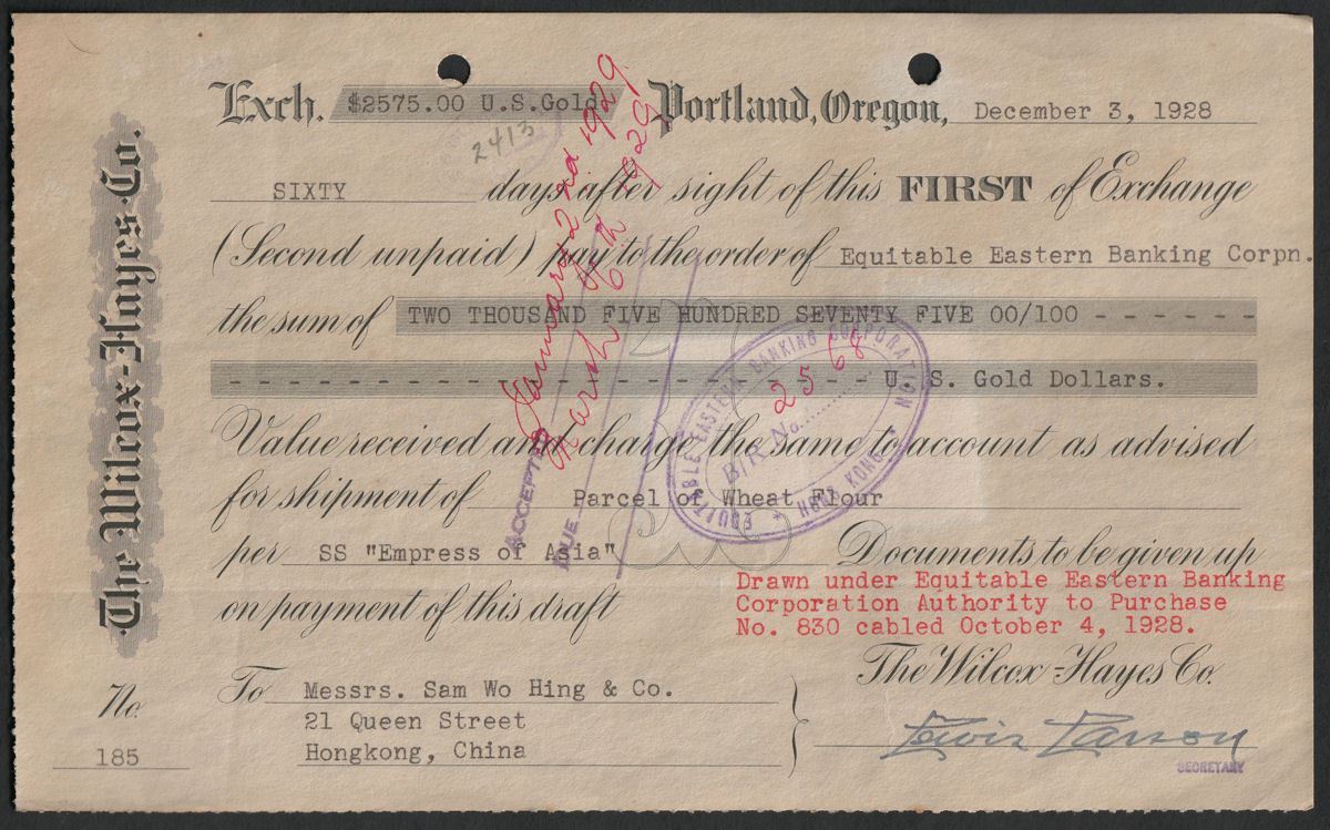 Hong Kong 1928 KGV Revenue BofE $1 + 10c Used Wilcox-Hayes Bank Bill of Exchange