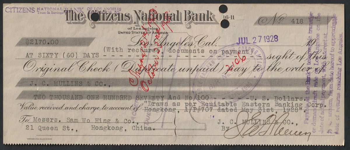Hong Kong 1928 KGV Revenue BofE 30c x3 Used Citizens Nat Bank Bill of Exchange