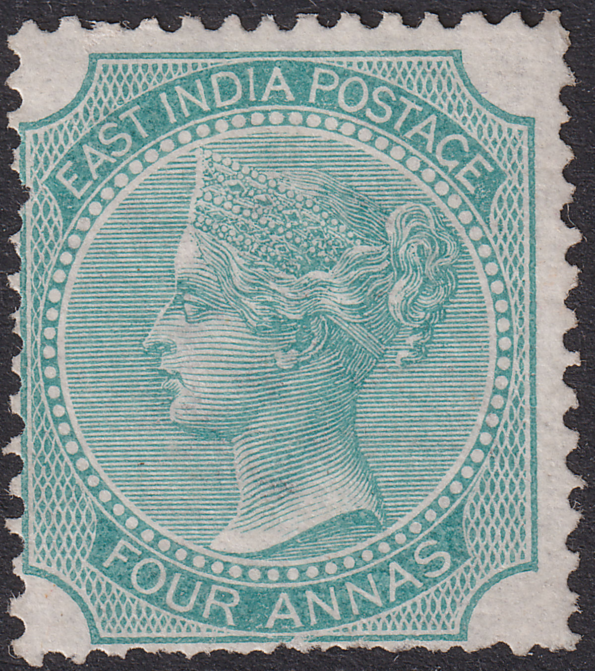 India 1866 QV 4a Green Die I Unused SG69 cat £160 as mint with perf faults