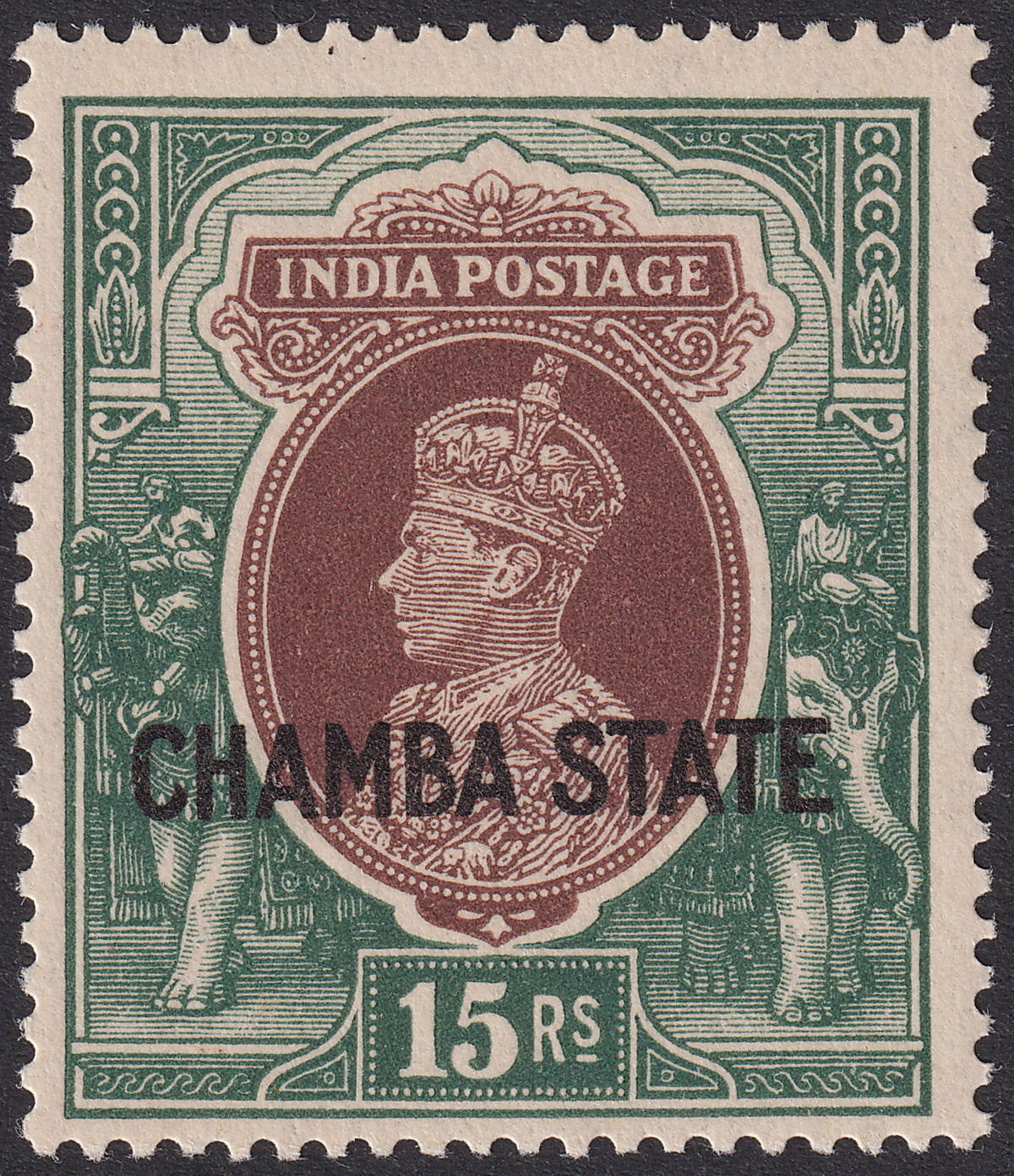 Indian States Chamba 1938 KGVI CHAMBA STATE Overprint 15r UM Mint SG98 cat £180