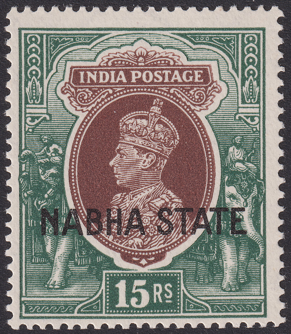 Indian States Nabha 1938 KGVI State Overprint 15r Brown + Green Mint SG93 c£375