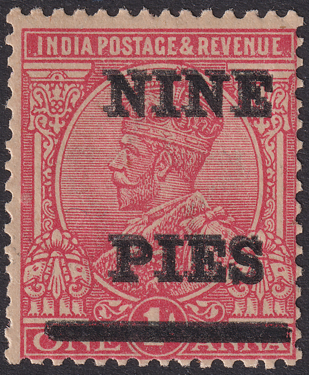 India 1921 KGV 9p on 1a Surcharge Double Mint SG192c cat £300 toned gum