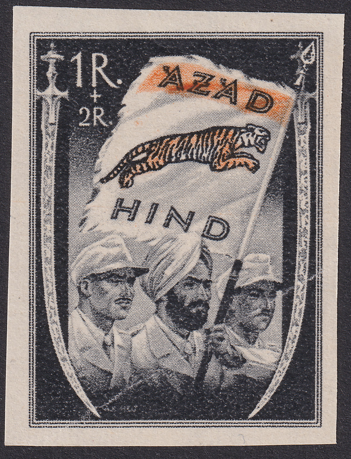 Azad Hind (Free India) 1943 Indian Legion 1r + 2r Black + Orange Imperf Mint