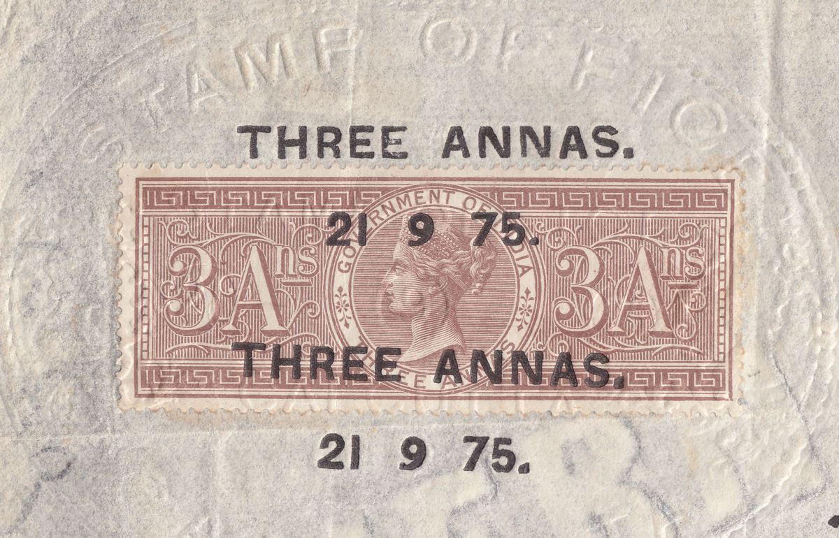India 1875 QV Revenue Special Adhesive 3a Used on Hundi Document