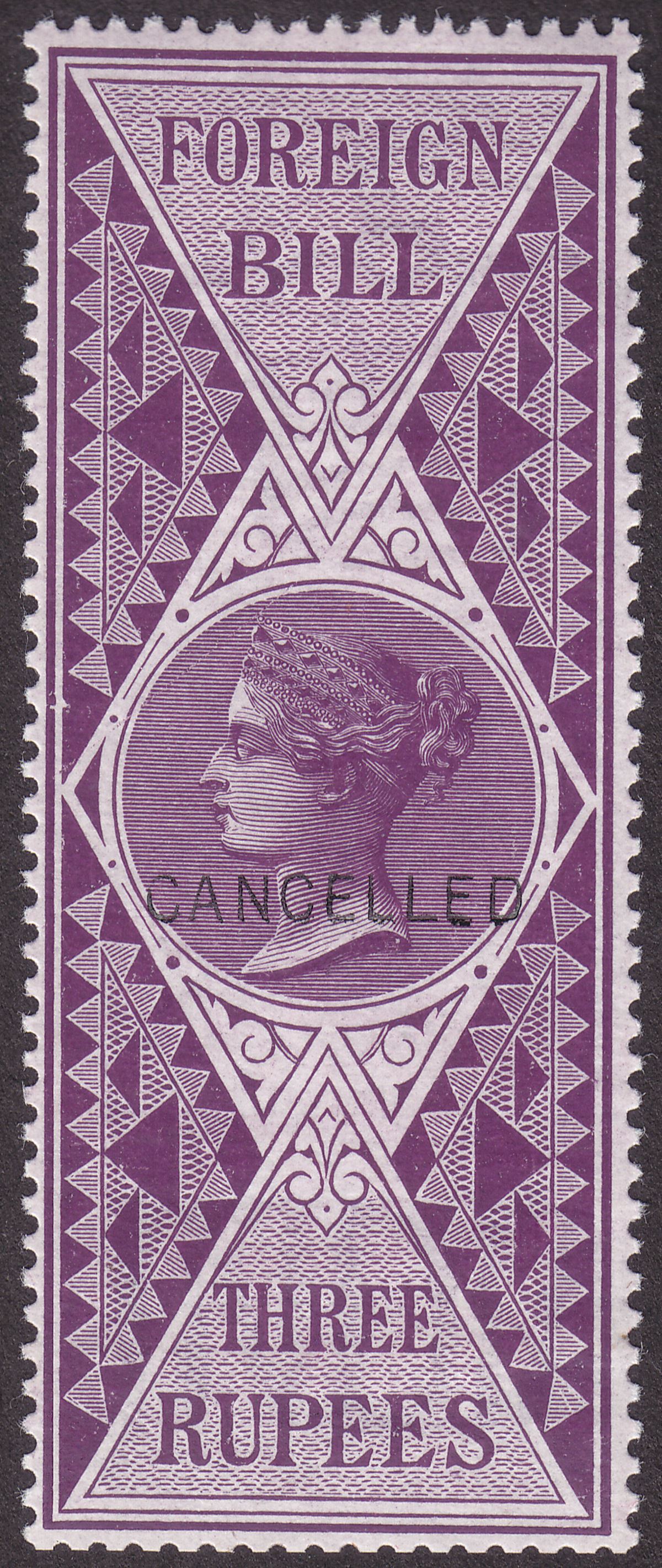India 1861 QV Revenue Foreign Bill CANCELLED Overprint 3r Purple BF14c with gum