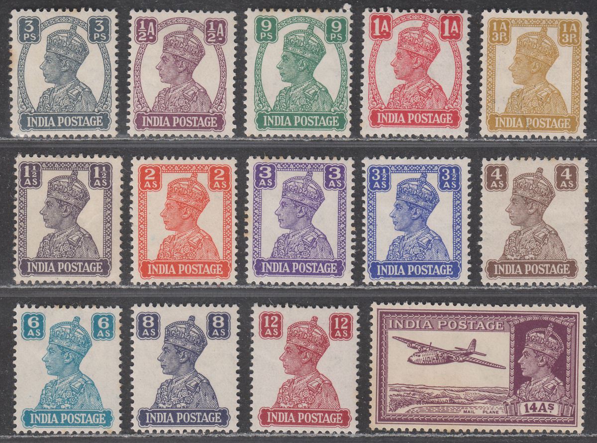 India 1940-43 King George VI Set Mostly Mint SG265-277 cat £50 tone spots