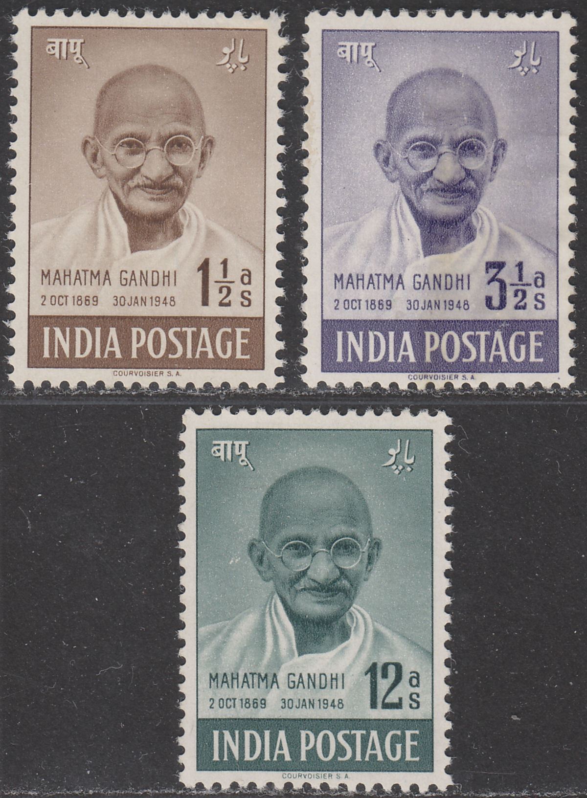 India 1948 First Anniv Independence Gandhi Set to 12a Unused SG305-307 c £55 flt