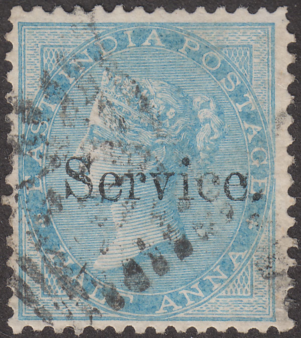 India 1866 QV Official Overprint Unwatermarked ½a Pale Blue Used SG O2 cat £300
