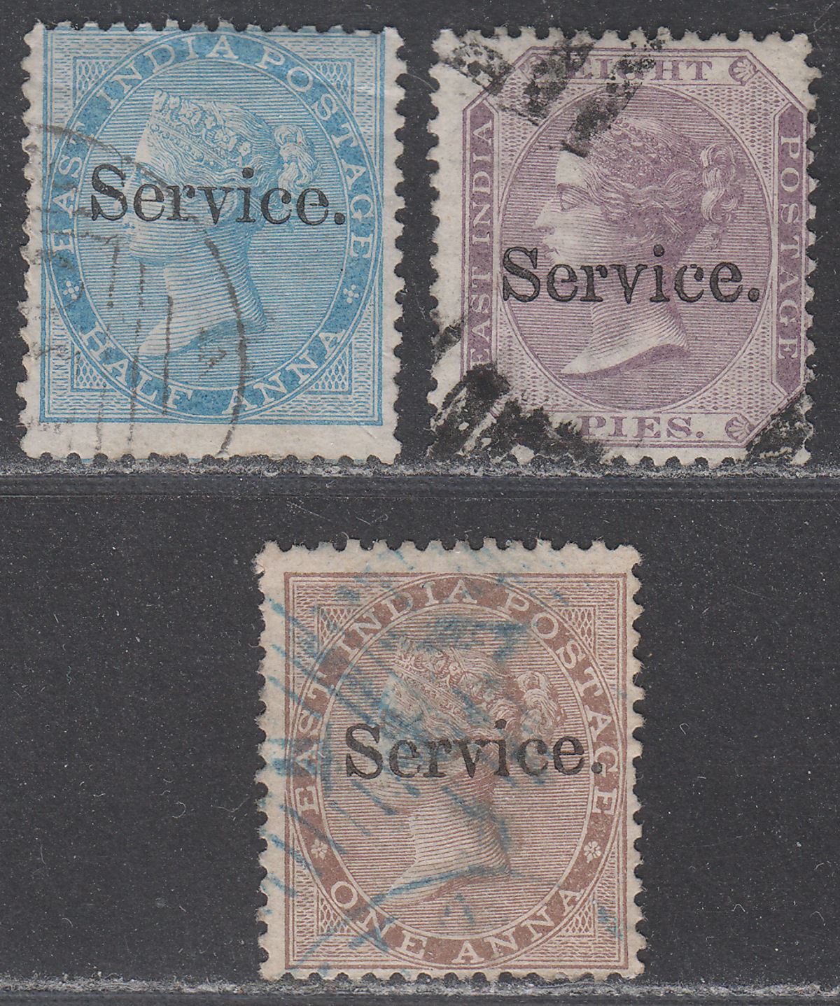 India 1866 QV Official Service Overprint ½a, 8p, 1a Used