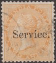 Click for more photos and details India 1866 QV Official Service Overprint 2a Yellow Used SG O12 cat £180