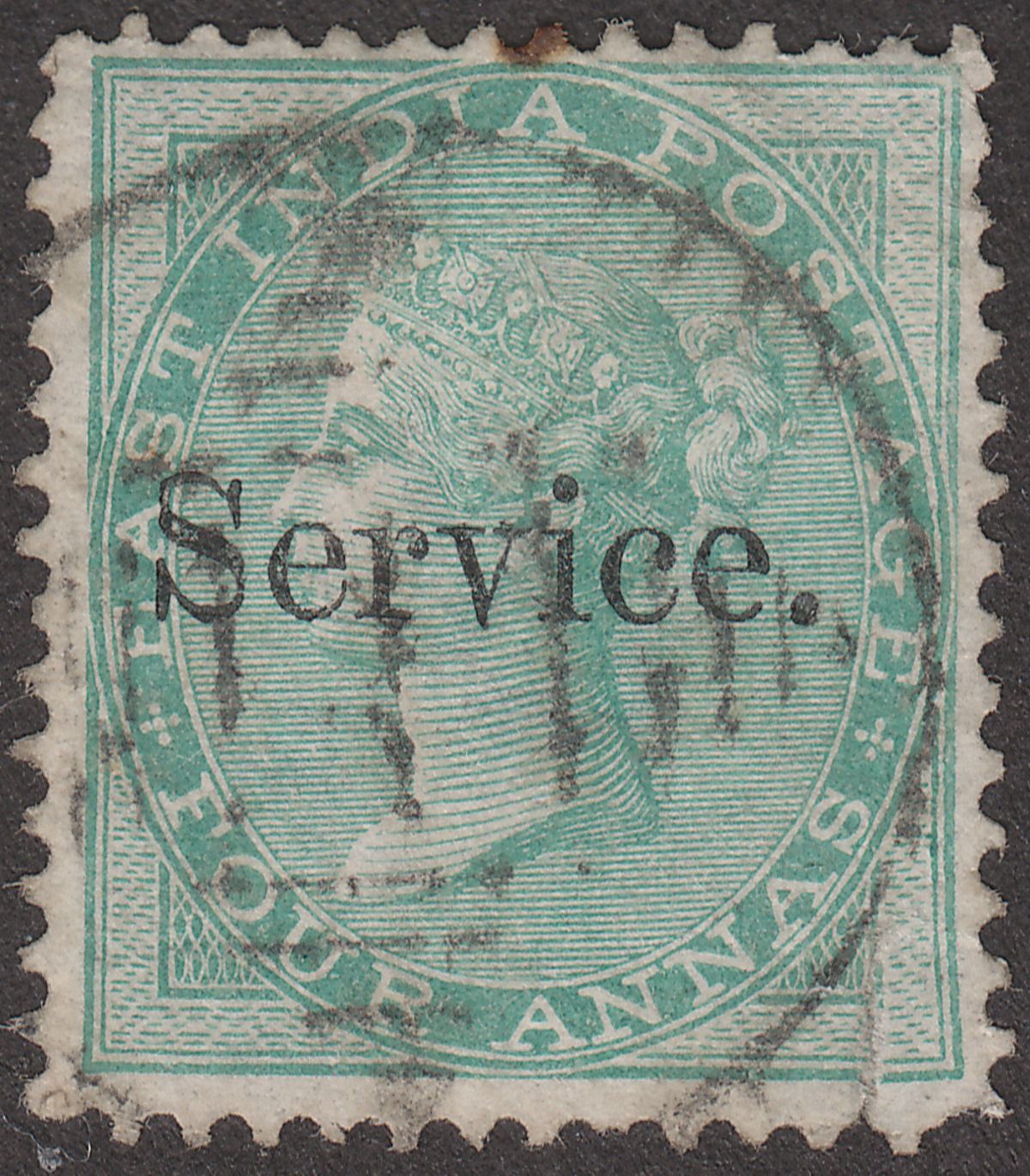 India 1866 QV Official Service Overprint 4a Green Used SG O13 cat £160 faulty