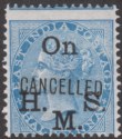 Click for more photos and details India 1874 QV Official Overprint ½a Blue CANCELLED Mint SG O31c