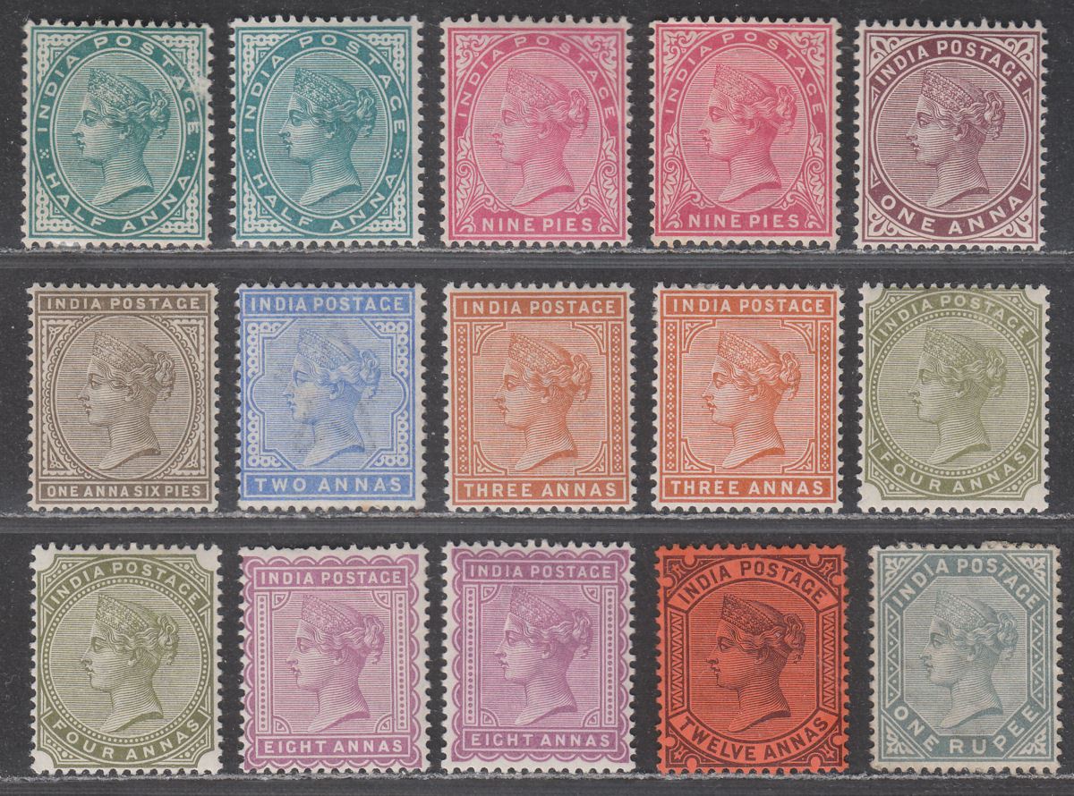 India 1882-90 Queen Victoria wmk Star Part Set to 1r Mint