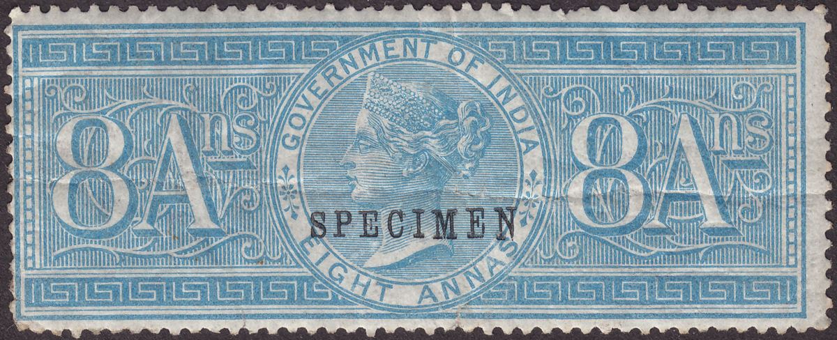 India 1868 QV Revenue Special Adhesive 8a SPECIMEN Overprint Mint w creasing