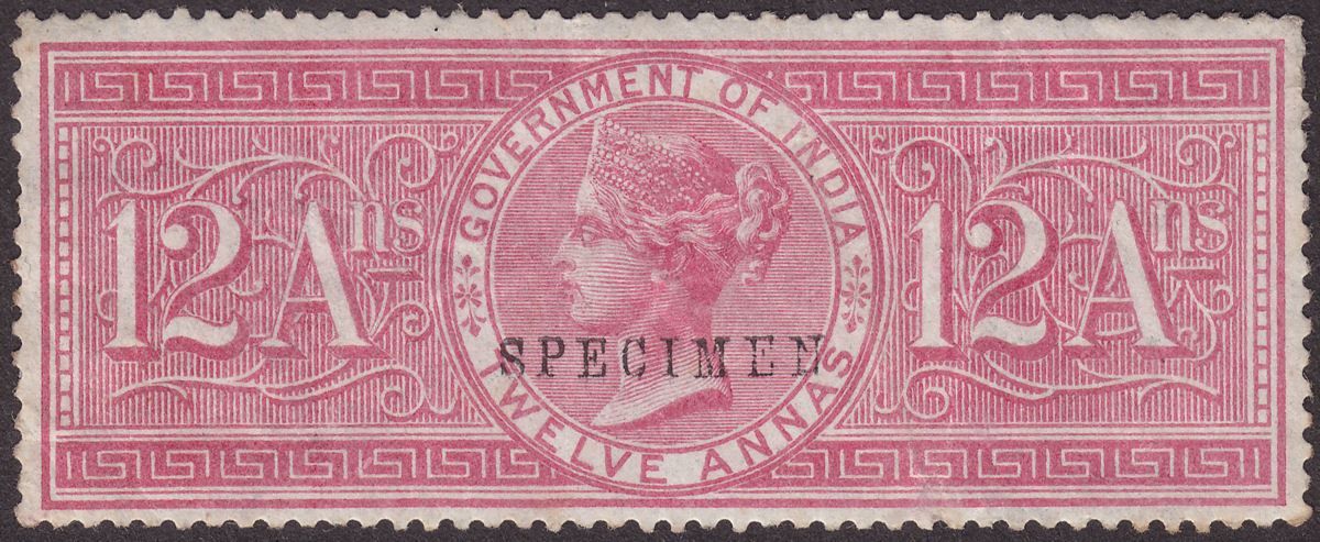 India 1868 QV Revenue Special Adhesive 12a SPECIMEN Overprint Mint with creasing
