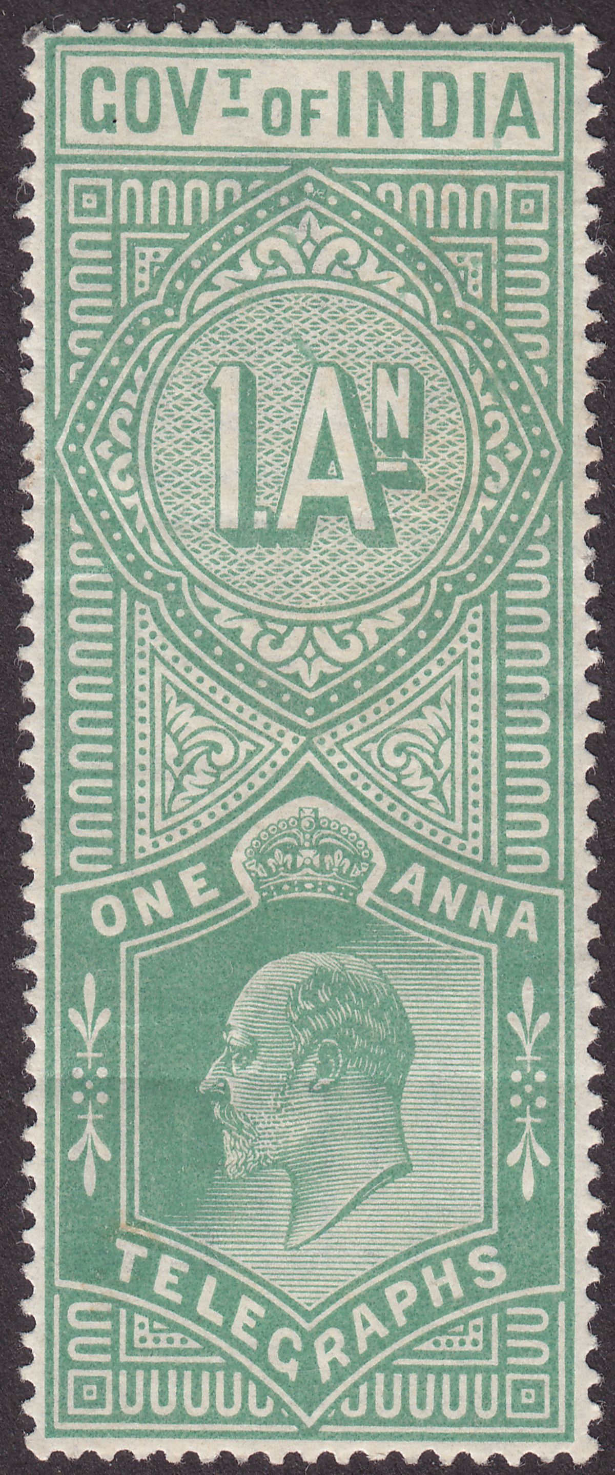 India 1904 KEVII Telegraph Stamp 1a Yellow-Green Mint SG T56 cat £24