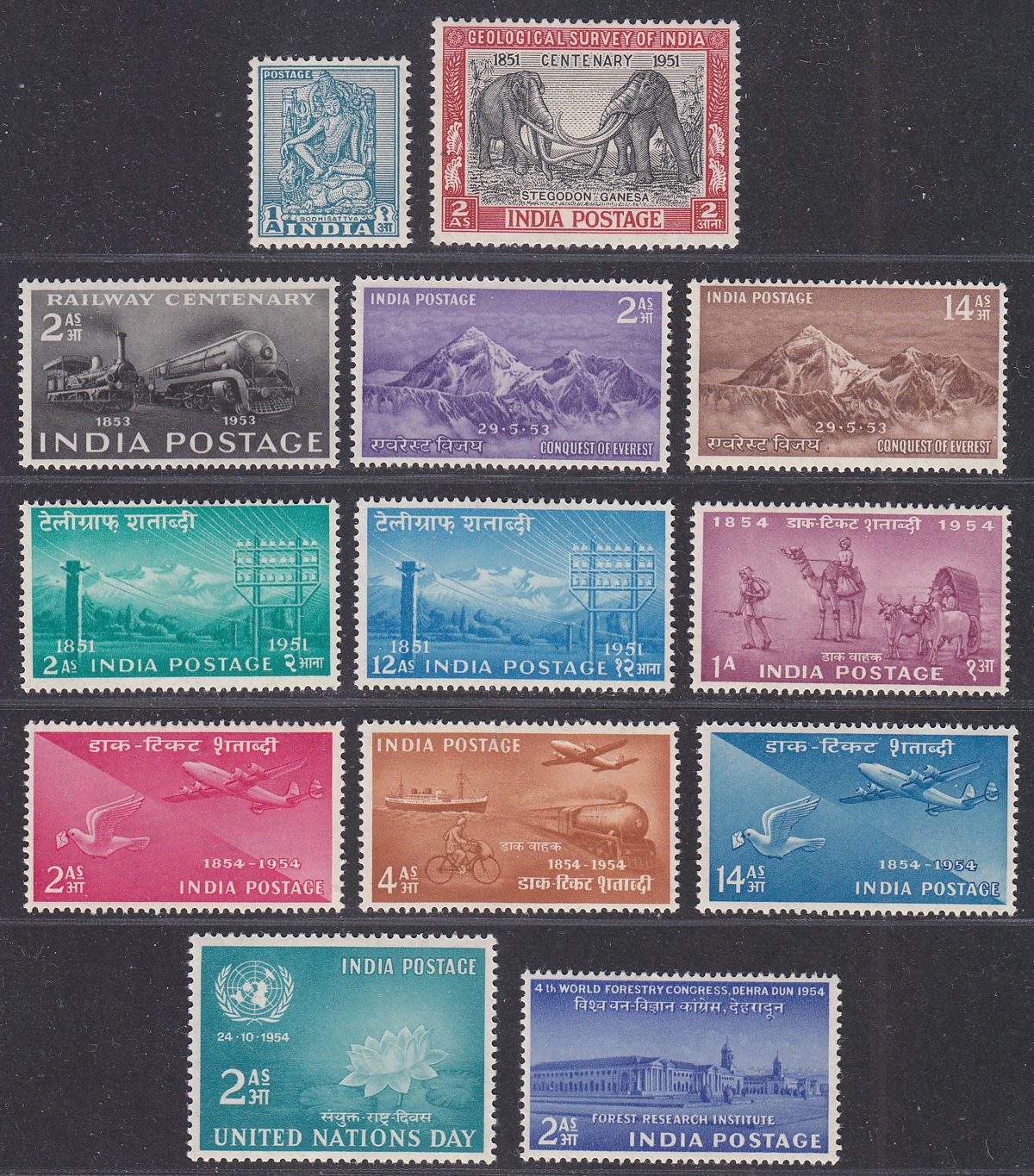 India 1950-54 Mint Selection incl Everest, Telegraphs, Stamp Centenary cat £70