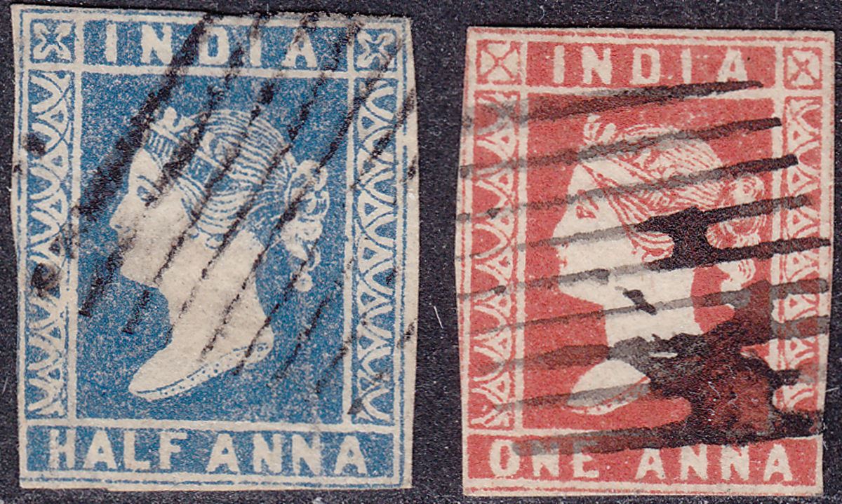India 1854 QV Litho ½a Blue Die I, 1a Red Die I Used SG2 SG12 cat £110